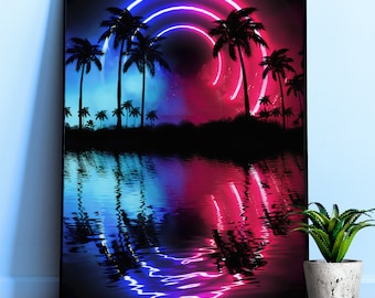 Paesaggio al neon con palme e arco: poster cyberpunk — Stampa artistica retrowave anni '80, decorazione murale vaporwave, poster artistico al neon, decorazione per la stanza del giocatore