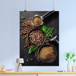 Coffee Beans & Cups Poster — Rustic kitchen wall art, barista photo print, coffee shop decor, warm tone coffee photography