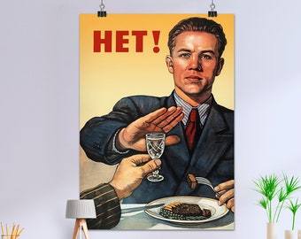 No! / Nein! / Нет! (vodka), USSR 1954 — Soviet propaganda poster, vintage art print, retro kitchen wall decor, bar wall art print