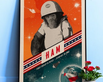 Ham, el primer chimpancé en el espacio, EE. UU. 1961 — Póster espacial retro, lámina de arte espacial vintage de los años 60 con propaganda, retrofuturismo, regalo para nerds