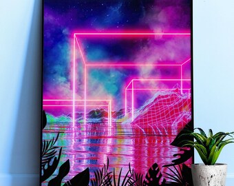 Neon palms landscape: Cube [1980s/vaporwave/cyberpunk] — aesthetic poster, retrowave poster, vaporwave poster, 1990s gift for him