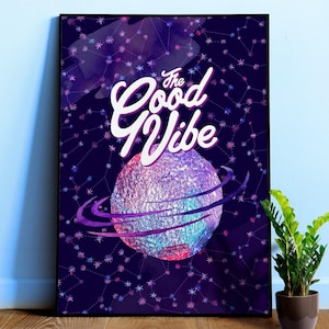 Póster de buenas vibraciones: arte con temática espacial, impresión estética de pared, decoración de estrellas galácticas, arte de habitación celestial, arte de pared astrológico, arte espacial motivacional