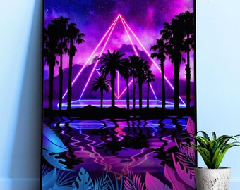 Neon palms landscape: Pyramid [synthwave/vaporwave/cyberpunk] — Aesthetic poster, retrowave poster, vaporwave poster, neon art, space poster