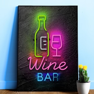 Retro Neon Food Sign Poster: Wine Bar — Neon Food Sign. Wall Art for Kitchen or Cafe Decor, Restaurant Print Gift