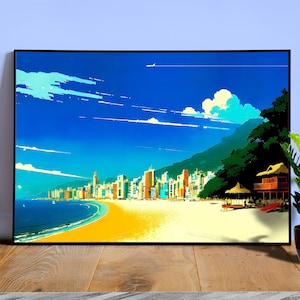 Japan, Okinawa, city on the bay — City Pop art, anime landscape poster, retrowave/vaporwave poster, 80s, panoramic poster