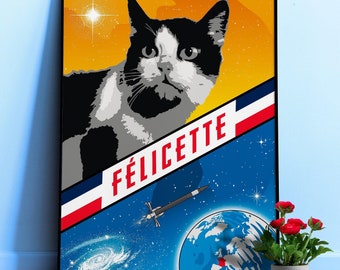 Felicette, First cat in space, France, 1963 — Retro space poster, Vintage space art 1960s, Propaganda poster, Retro sci-fi, Nerdy gift