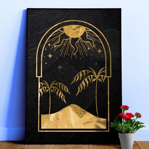 Luna Mística Dorada: Sol y desierto — carta de tarot, póster art déco, póster esotérico, lámina de arte espiritual, póster retro