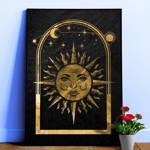 Luna Mística Dorada: Sol y Luna — carta de tarot, póster art déco, póster esotérico, lámina de arte espiritual, póster retro
