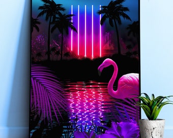 Neon landscape: Neon pillars & flamingo [vaporwave/cyberpunk/1980s] — Aesthetic poster. Retrowave poster, neon poster 1980s, Gamer room gift