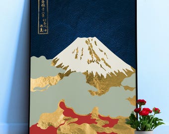 Golden landscape with Fuji mountain — Japanese golden poster. Ukiyo-e travel art print, aesthetic wall decor, landscape wall art