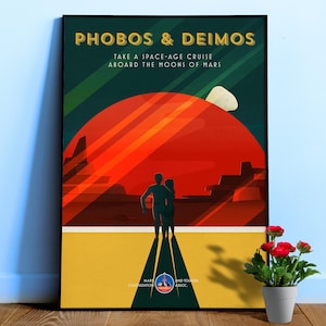 Mars, Phobos, Deimos — retro space poster, 1950s space travel art print, gift for him