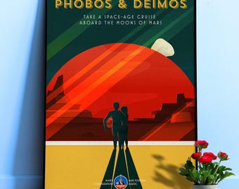 Mars, Phobos, Deimos — retro space poster, 1950s space travel art print, gift for him