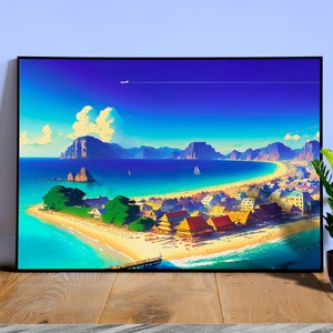 Japan, Okinawa, anime city on the bay — City Pop art, anime landscape poster, retrowave/vaporwave poster, 80s, panoramic poster