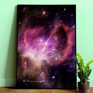 Peut inclure: Une impression encadrée d'art représentant une nébuleuse vibrante dans des tons de rose, de violet et d'or, avec de nombreuses étoiles brillantes. L'œuvre est affichée contre un mur vert clair, avec une petite plante en pot à droite.