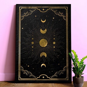 Tarot Místico Dorado: Sol — carta de tarot, póster art déco, póster esotérico, lámina de arte espiritual, póster retro