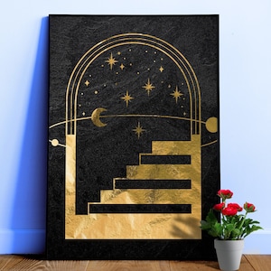 Luna Mística Dorada: Sistema Solar — carta del tarot, póster art déco, póster esotérico, lámina de arte espiritual, póster retro