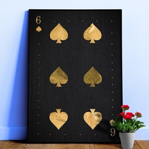 Poster da poker "Sei di picche" — Stampa di carte da gioco dorate, arte murale estetica, decorazione per la sala dei giocatori, stampa "Sei fortunato", decorazione da bar