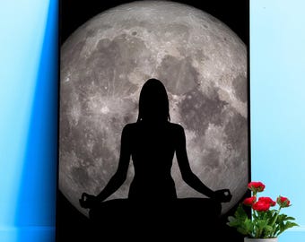 Meditation with Moon Poster – Woman Silhouette in Lotus Pose with Full Moon. Spiritual Black Wall Art, Yoga decor, Aesthetic gift for her