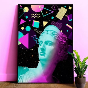 May include: A vintage-inspired print featuring a bust of a woman with a teal and purple gradient, surrounded by colorful geometric shapes and stars on a black background.