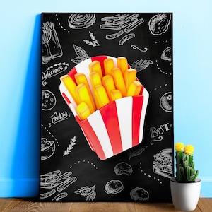 French fries Poster — Plastic 3D Food Kitchen Poster, Blackboard Wall Art, Aesthetic Minimalist Print