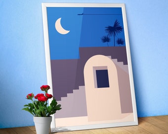 Minimalist travel poster: Egypt, Morocco night – Travel art print with moon, boho 1950s wall decor, aesthetic travel print, desert night