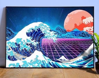 Cyberpunk The Great Wave off Kanagawa: 1980s style [synthwave/vaporwave] — aesthetic poster, retrowave art print, neon wall decor
