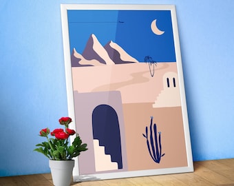 Mystery of desert night: Minimalist travel poster Egypt, Morocco – Moon wall art, boho decor 1950s, abstract travel print, aesthetic gift