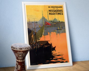 Estambul, Turquía, década de 1910: póster de viaje retro, lámina de arte de viaje vintage, decoración de pared retro