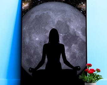 Blue Moon Meditation Poster – Woman Silhouette in Lotus Pose with Full Moon. Spiritual Black Wall Art, Yoga decor