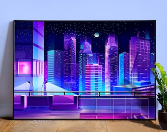 Synthwave Neon City: terrazza, loft [synthwave/vaporwave/cyberpunk] — Poster estetico anni '80, stampa artistica Retrowave, decorazione murale al neon
