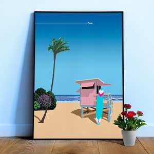 California, USA. Surf beach — City Pop art, retrowave/vaporwave poster, 80s, aesthetic poster, Hiroshi Nagai inspired art, minimalist poster