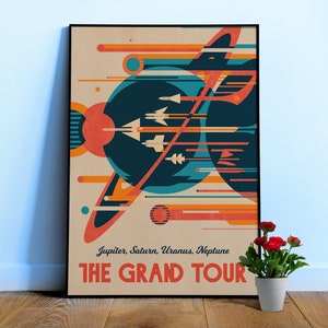 NASA The Grand Tour: Jupiter, Saturn, Uranus, Neptune — Vintage space poster, retro space art, propaganda poster