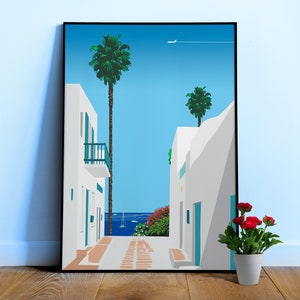 Santorini, Greece — City Pop art, retrowave/vaporwave poster, 80s, aesthetic poster, Hiroshi Nagai inspired art, minimalist poster