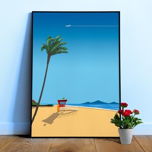 Ibiza, Spain. Serene beach, tropical chillout — City Pop art, retrowave/vaporwave poster, 80s, aesthetic poster, Hiroshi Nagai inspired art