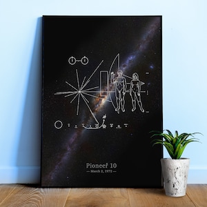 NASA Pioneer 10 plaque & Milky Way galaxy — space poster, science poster, space wall decor, space art