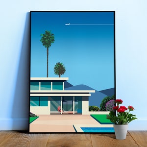 Florida, USA. Villa with pool — City Pop art, retrowave/vaporwave poster, 80s aesthetic poster, Hiroshi Nagai inspired, minimalist poster