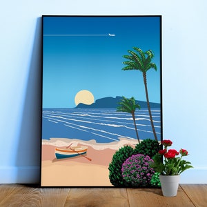 Cyprus. Beach with boat, sunrise — City Pop art, retrowave/vaporwave poster, 80s, aesthetic poster, Hiroshi Nagai inspired art