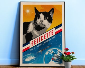 Félicette, primera gata en el espacio, Francia, 1963 — Póster espacial vintage, arte espacial retro, póster de propaganda, retrofuturismo