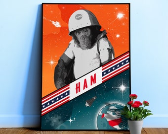 Ham, el primer chimpancé en el espacio, EE. UU. 1961 — Póster espacial vintage, lámina de arte espacial retro, póster de propaganda, retrofuturismo de los años 60 y ciencia ficción retro.