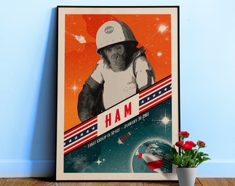 Ham, First chimp in space, USA, 1961 — Vintage space poster, retro space art, propaganda poster, retrofuturism