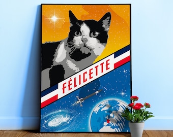 Felicette, First cat in space, France, 1963 — Vintage space poster, retro space art, propaganda poster, retrofuturism, retro sci-fi