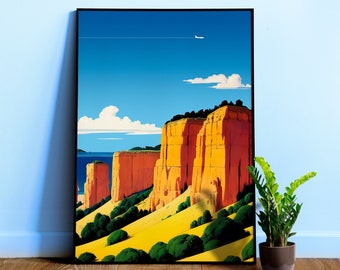 Japan, mountains and rocks on the sea — City Pop art, anime landscape poster, retrowave/vaporwave poster, 80s, panoramic poster