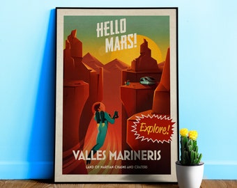 Hello Mars! Valles Marineris — Retro space poster 1950s. Vintage space art print, propaganda poster, retrofuturism with retro sci-fi