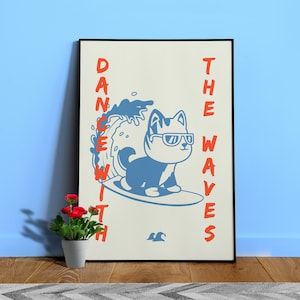 Anime poster: Dance with the waves / Cat Surfer — vaporwave poster, sport poster, manga art print, Japanese space wall art, Japan poster