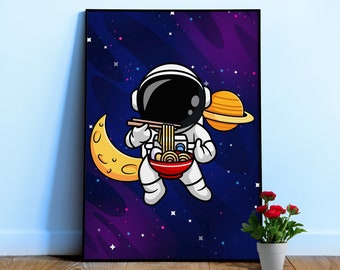Astronaut & Noodle, Space sushi — Space poster. Cartoon space art print with neon space, Retrowave space 1980s, nerdy gift for gamer