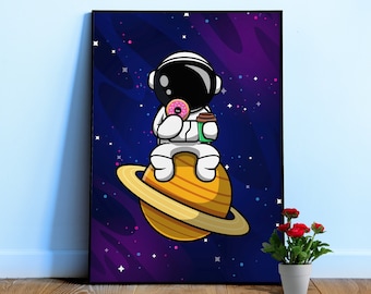 Astronaut & Donut and Coffee on Saturn — space poster, space art print with neon nebulas, amazing nerdy gift for him