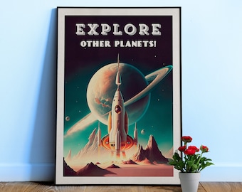 Esplora altri pianeti! — Poster spaziale retrò vintage, poster retrofuturismo, arte spaziale retrò, poster di propaganda, fantascienza retrò
