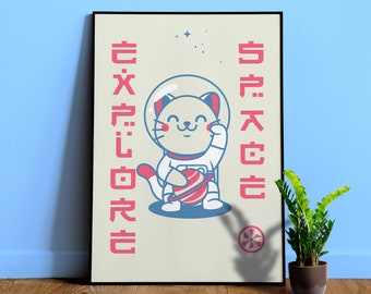 Manga poster: Explore space with cat astronaut — Vaporwave poster, Sport poster, anime art print, Japanese space wall art, Japan poster