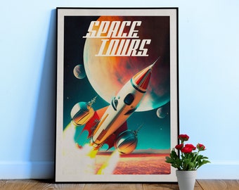 Tour spaziali: poster spaziale retrò vintage, poster retrofuturismo, arte spaziale retrò, poster di propaganda, fantascienza retrò