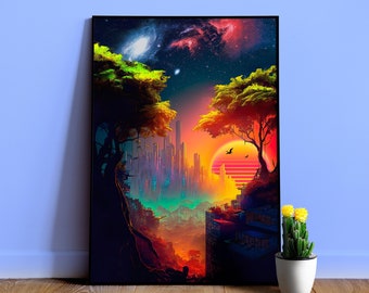 Synthwave cyberpunk city in a forest — Surreal space collage poster, Cosmic futuristic 1950s sci-fi art print, Nerdy gift for him